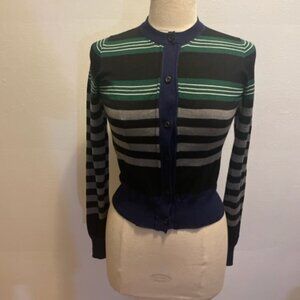 Iconic vintage Prada crew neck long sleeve cardigan in engineered stripe